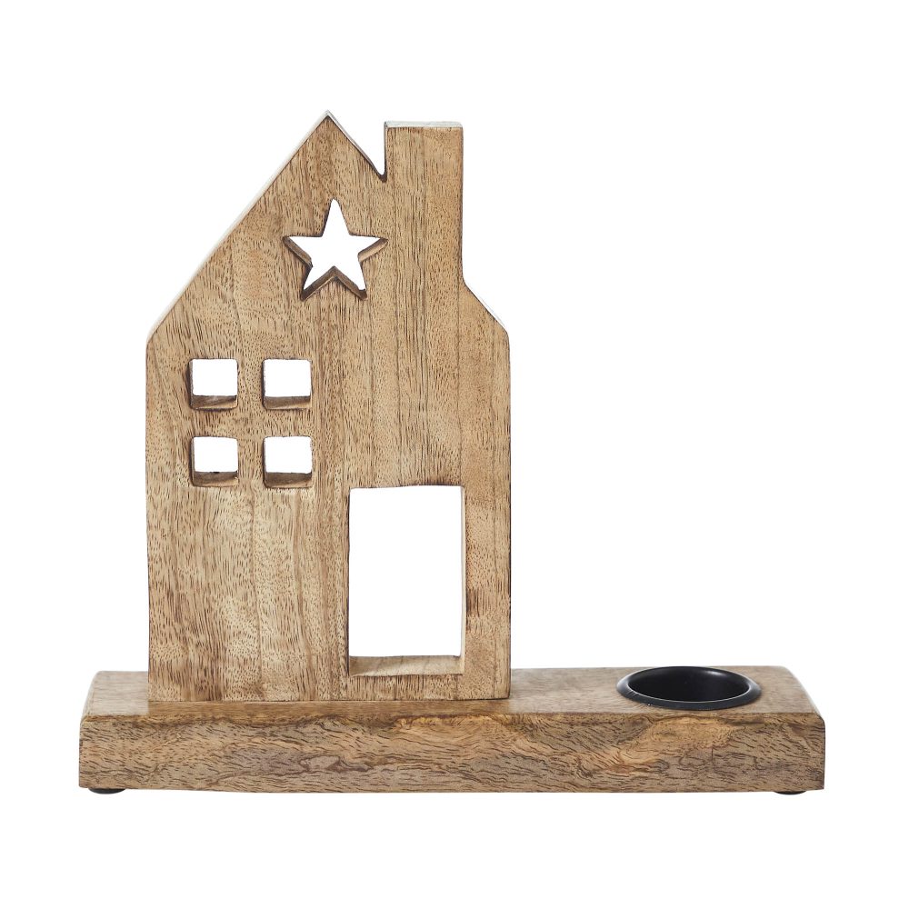 Tealight Holder Wooden Saltbox House w/ Star Natural 10.25x9x2.5 - Image 2