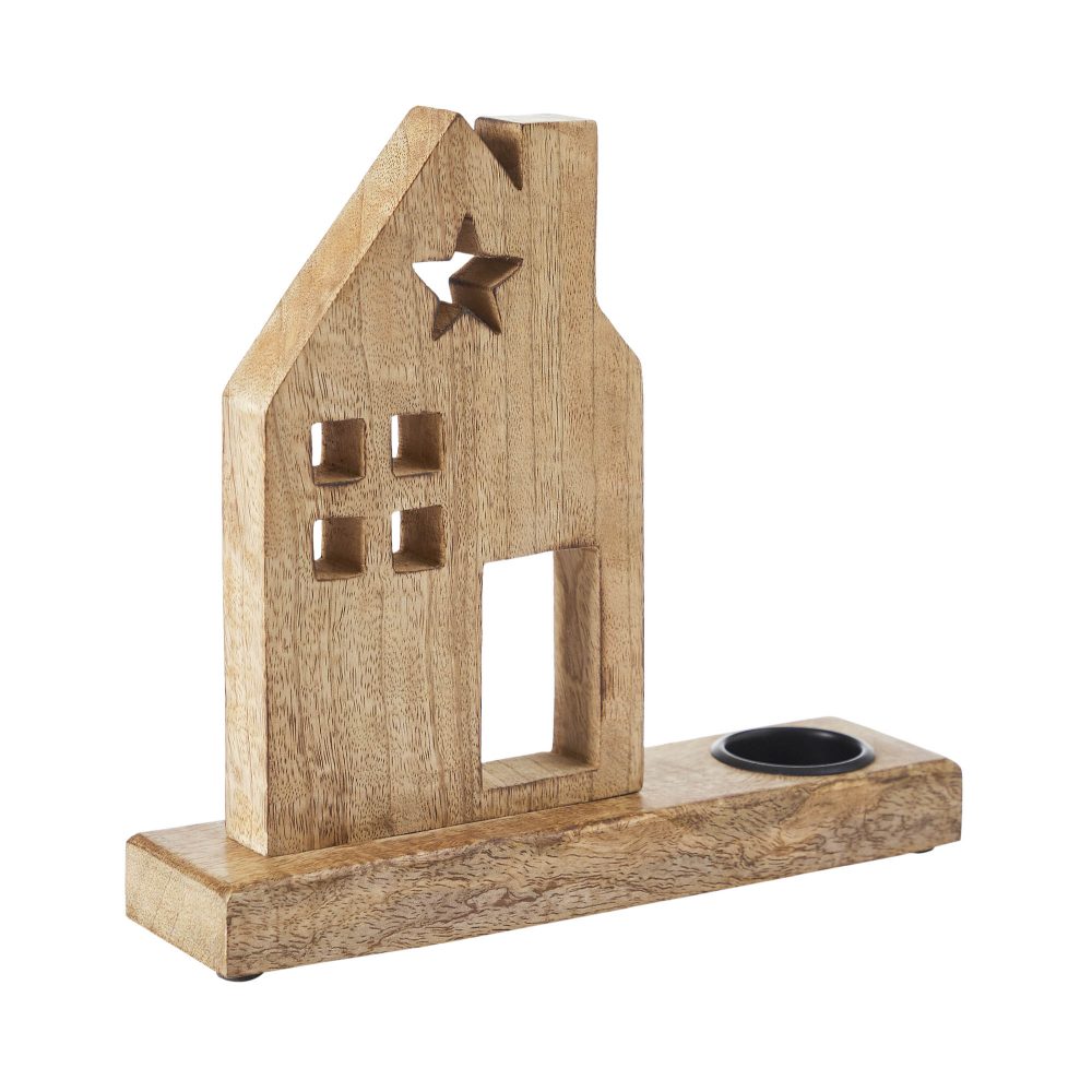 Tealight Holder Wooden Saltbox House w/ Star Natural 10.25x9x2.5 - Image 4