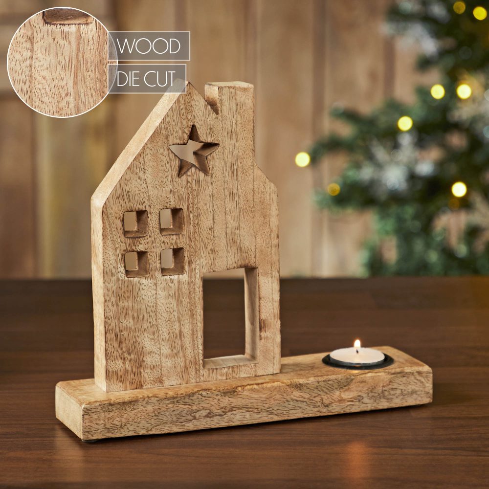 Tealight Holder Wooden Saltbox House w/ Star Natural 10.25x9x2.5 - Image 6