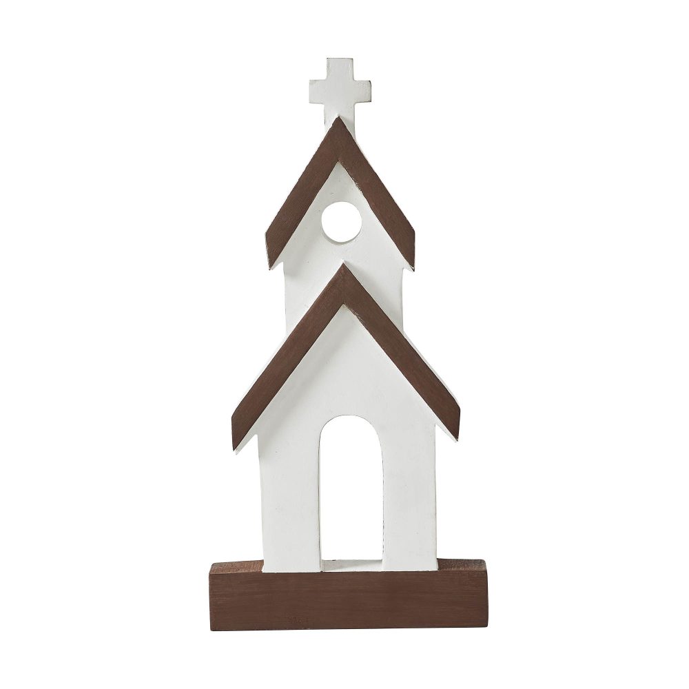 Brown Roof White Church Wooden Figurine 12x6x1 - Image 2