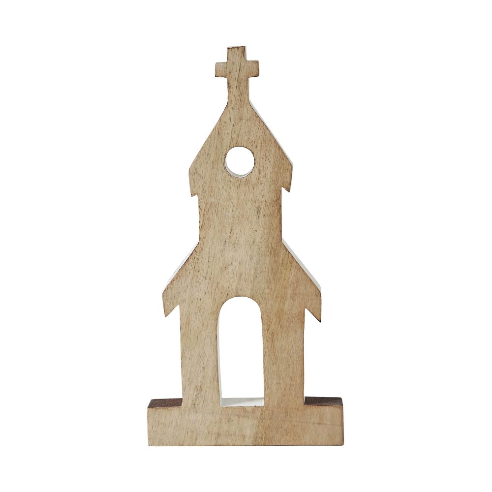Brown Roof White Church Wooden Figurine 12x6x1 - Image 3