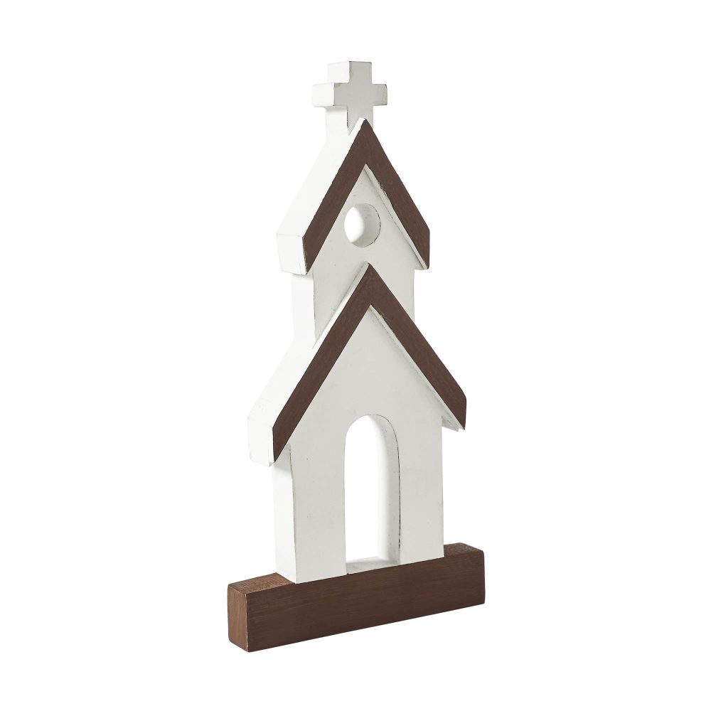 Brown Roof White Church Wooden Figurine 12x6x1 - Image 4