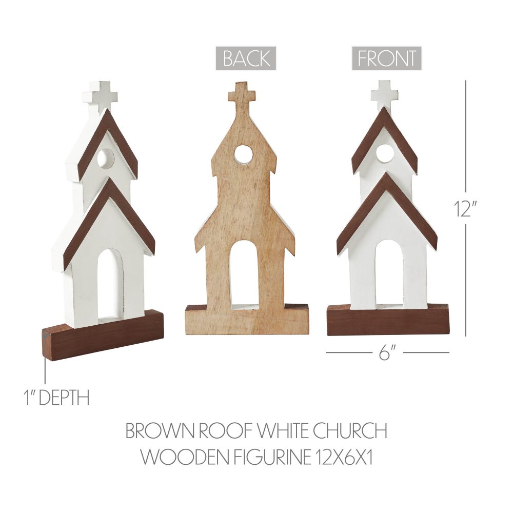 Brown Roof White Church Wooden Figurine 12x6x1 - Image 5