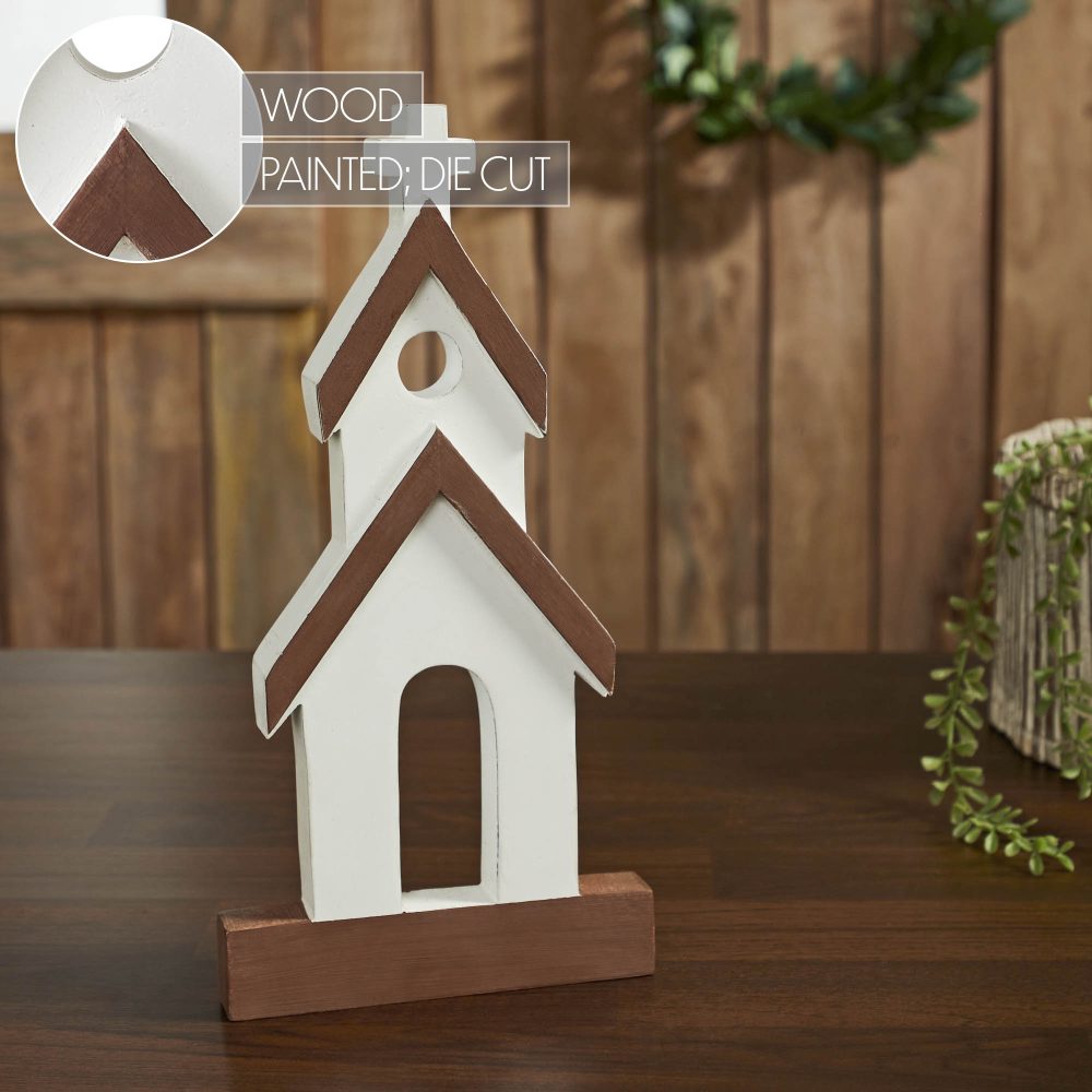 Brown Roof White Church Wooden Figurine 12x6x1 - Image 6