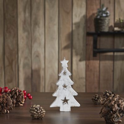 Christmas Tree w/ Stars White Wooden Figurine 6x3.25x1