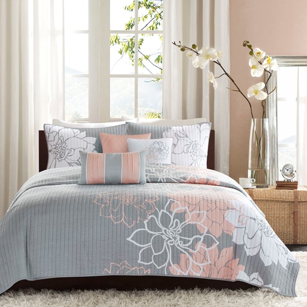 Madison Park Lola 6 Piece Printed Cotton Quilt Set with Throw Pillows in Grey/Peach, Full/Queen MP13-6834 - Image 3