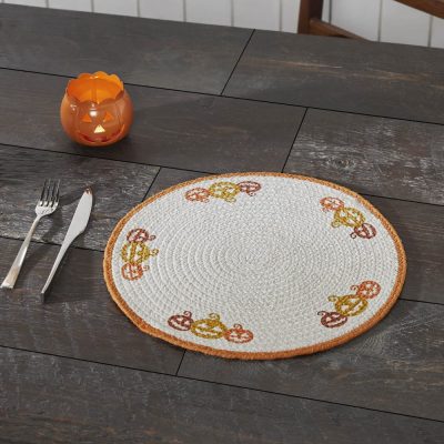 Rustic Farmhouse Halloween Round Placemat 14 inch Stencil Fabric Table Mat with Autumn Pumpkin Design for Fall Decor