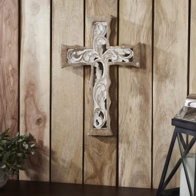 Natural & Distressed White Wooden Cross Wall Hanging 18x12