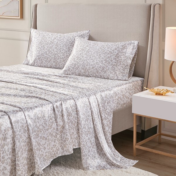 Madison Park Essentials Printed Satin Sheet Set in Taupe Leopard, Queen MPE20-994 - Image 2