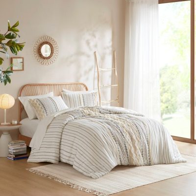 INK+IVY Imani Cotton Printed Duvet Cover Set with Chenille in Ivory, King/Cal King II12-997