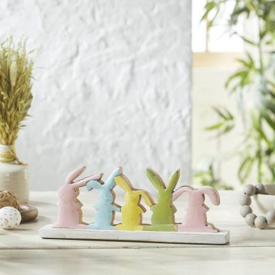 Bunny Hop Rustic Wooden Bunny Silhouette Shelf Sitter - Set of 5 Connected Easter Rabbits - Distressed White Spring Decor - 5x13.5x2