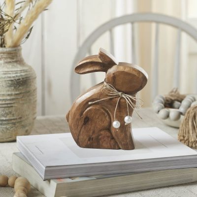 Bunny Hop Natural Wooden Sitting Bunny with Pearl Bead Collar - Rustic Farmhouse Easter Shelf Sitter - 6x7.25x1.5