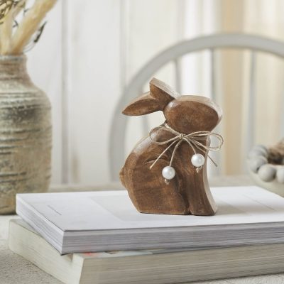 Bunny Hop Small Natural Wooden Sitting Bunny with Pearl Bead Collar - Rustic Farmhouse Easter Shelf Decor - 4.25x5.5x1.5