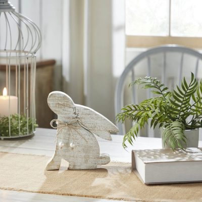 Bunny Hop Natural Wooden Sitting Bunny Looking Up - Pearl Bead Collar Easter Shelf Decor - 8x7.5x1.5