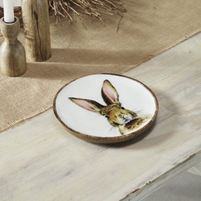Bunny Hop Decorative Wooden Plate with White Bunny Motif - Rustic Farmhouse Spring Accent - 8.5 Diameter