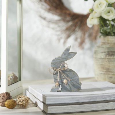 Bunny Hop Grey Wooden Sitting Bunny with Natural Bead Collar - Rustic Farmhouse Easter Decor - 6x4x1