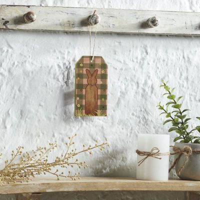 Bunny Hop Bunny on Moss Green Check MDF Tag Ornament w/ Twine 5.6x3x0.5 Set of 3