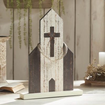 Celebrate Grace MDF Church w/ Cross Star & Jute Twine Coil 18.7x13.75x2.5