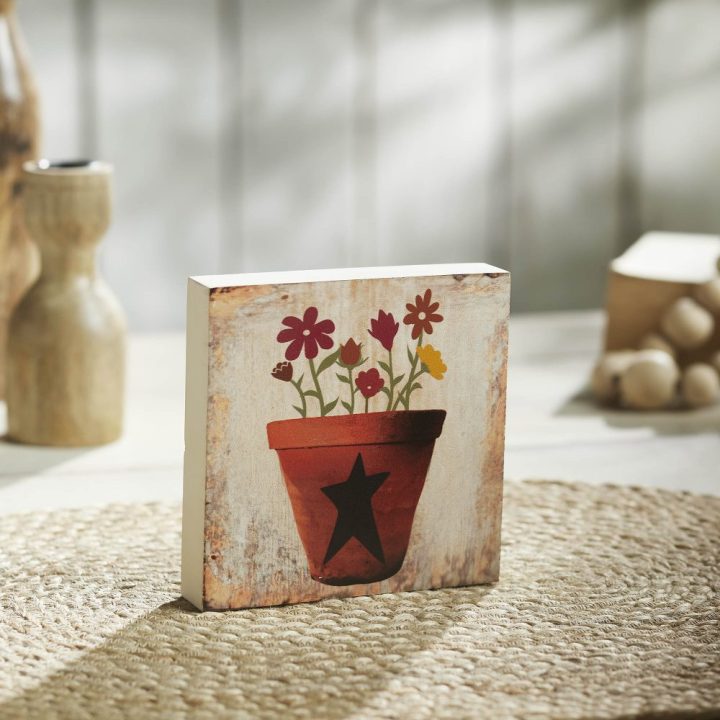 Spring In Bloom Flower Pot w/ Primitive Star MDF Block Sign 5x5x1 ...