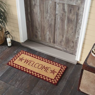 Burgundy Check Stars Coir Welcome Rug Rect 17x36
