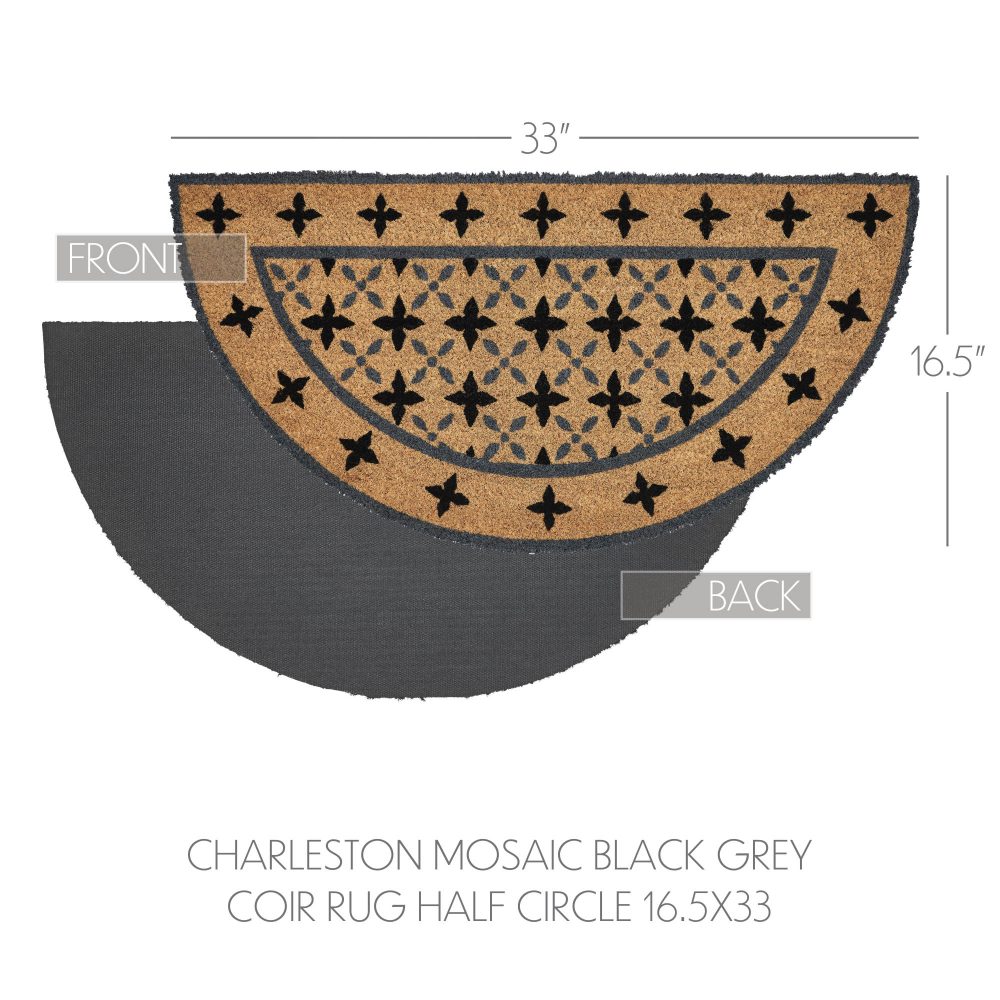 Charleston Mosaic Black Grey Coir Rug Half Circle 16.5x33 - Image 4