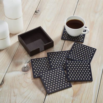 White Stars On Navy MDF Coaster w/ Container Set of 6 4x4