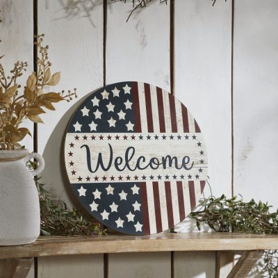 Welcome Stars & Stripes Round Wall Hanging 11 Inch Diameter