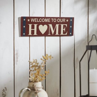 Welcome To Our Home w/ White Stars On Blue Stripes MDF Wall Sign 6x18