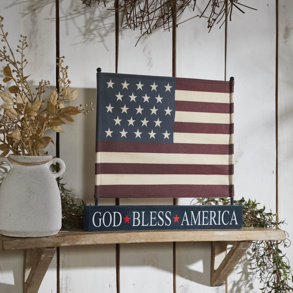 Canvas American Flag on Blue GBA MDF Base Decor 12x14x1