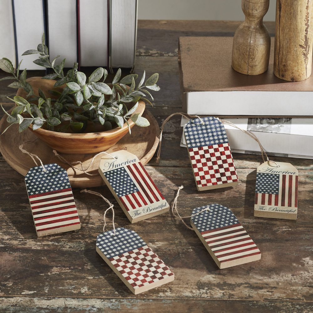 My Country Americana MDF Tag Ornaments w/ Twines 5x2.5x0.5 Sets of 6