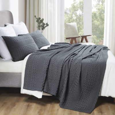 VHC Brands Dark Grey Waffle Weave Queen Blanket 90x90 - 100% Cotton, Lightweight Cover for Bed & Sofa