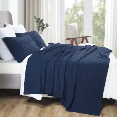 VHC Brands Waffle Weave Navy Blue Twin Blanket - 100% Cotton 66x90 Lightweight Cover for Bed, Couch, Sofa - Farmhouse & Boho Bedroom Decor