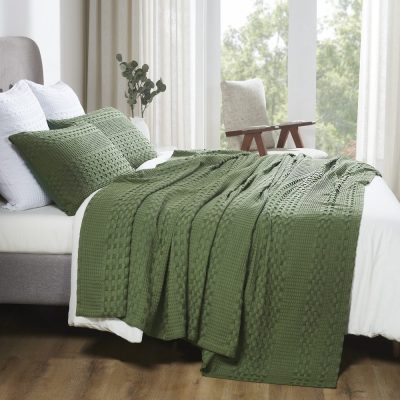 VHC Brands Olive Green King Waffle Weave Blanket - 100% Cotton, 90x108 - Lightweight Farmhouse Bed & Couch Cover for All Seasons