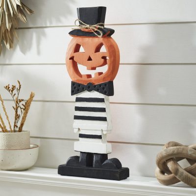 17.5 inch Fancy Wooden Jack O Lantern Halloween Pumpkin Decor Rustic Fall Tabletop Display