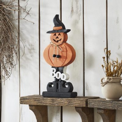 Boo Wooden Jack O Lantern Halloween Fall Seasonal Decor Rustic Carved Wood Tabletop Accent 15.5 H x 7.25 W x 2 D