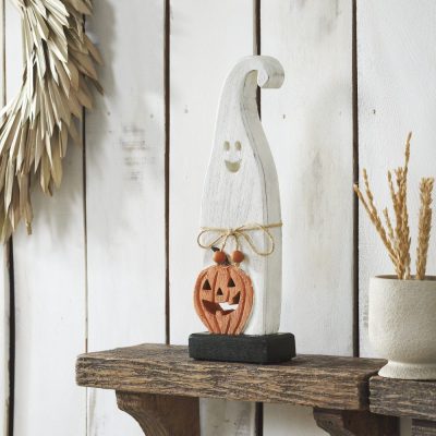 Whimsical Wooden Jack O Lantern Ghost Tabletop Decor Figurine Festive Fall Halloween Accent 12.5inch