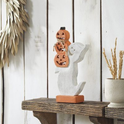 Halloween Wooden Stacked Jack O Lantern Ghost Tabletop Decor Figurine 11x6x2 Inch