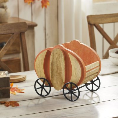 Rustic Wooden Pumpkin Carriage with Iron Wheels Fall Harvest Farmhouse Tabletop Accent Decor 11 Tall