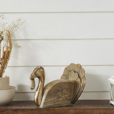 Fall Thanksgiving Wooden Turkey Figurine Rustic Tabletop Decor with Burnished Metal Accents