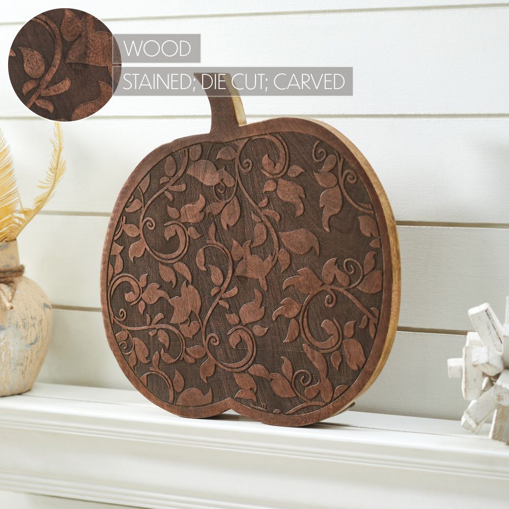 Dark Rustic Wooden Carved Vine Pumpkin 14 Farmhouse Fall Home Decor Accent - Image 6