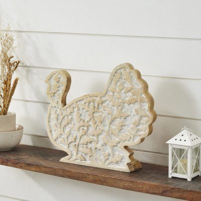 Whitewash Wooden Carved Turkey Tabletop Decor Rustic Farmhouse Harvest Fall Thanksgiving Leaf Figurine Accent 11.5 x 13.5 x 2.5 Inches
