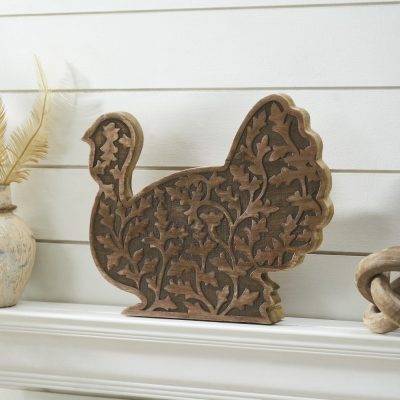 Rustic Dark Wood Carved Turkey Figurine, Autumn Fall Harvest Thanksgiving Tabletop Decor 11.5x13.5x2.5 inches