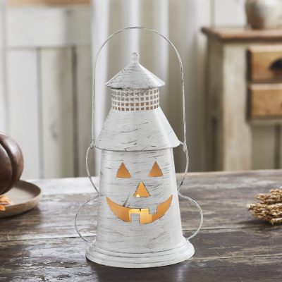 Antique White Distressed Halloween Decorative Metal Lantern Spooky Tealight Candle Holder Fall Seasonal Home Accent 12x8x6