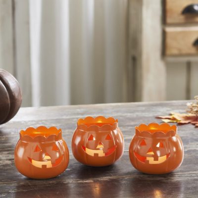Halloween Jack O Lantern Pumpkin Votive & Tealight Candle Holders (Set of 3) Orange Fall Tabletop Decor 3.5