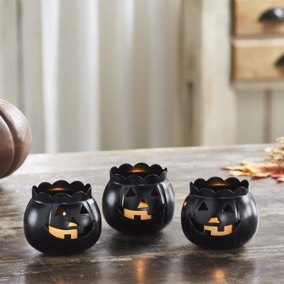 Halloween Black Jack O Lantern Candle Holder Set of 3 Spooky Pumpkin Tabletop Votive & Tea Light Decor, 3.5inch