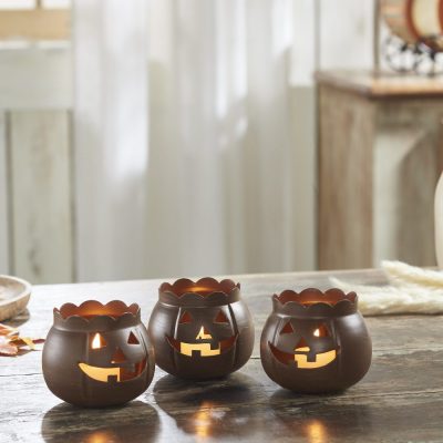 Halloween Tabletop Bronze Jack O Lantern Votive Holders Set of 3 for Fall Decor, 3.5 Inch