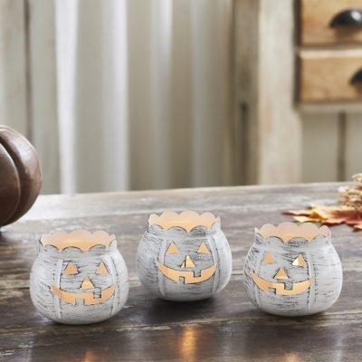 Antique White Rustic Farmhouse Jack O Lantern Votive Tealight Candle Holders, Set of 3 for Halloween Fall Autumn Tabletop Decor & Centerpieces, 3.5 Inch