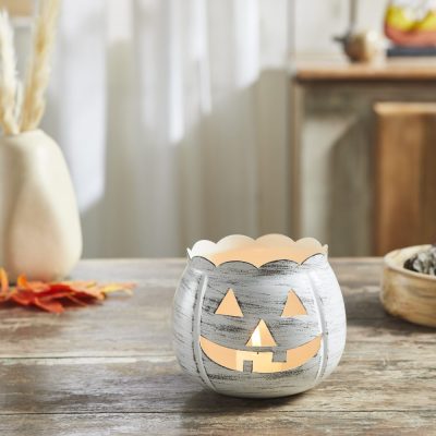 Halloween Jack O Lantern Pumpkin Candle Holder Antique White Fall Tabletop Decor 4.25x5.25x5.25