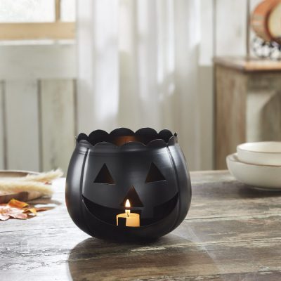 Halloween Black Jack O Lantern Decorative Candle Holder Spooky Pumpkin Votive Lantern 6.25in H x 7.5in W x 7.5in D Seasonal Accent