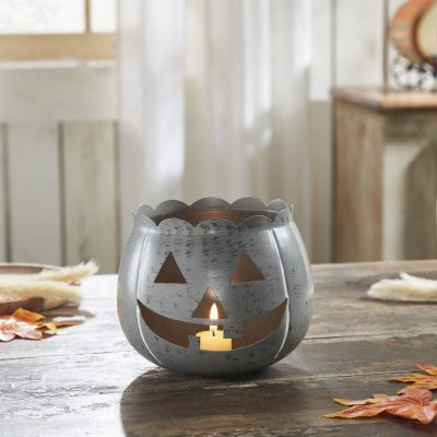 Halloween Jack O Lantern Candle Holder Antique Grey Fall Tabletop Seasonal Decor 6.25x7.5x7.5 Inch